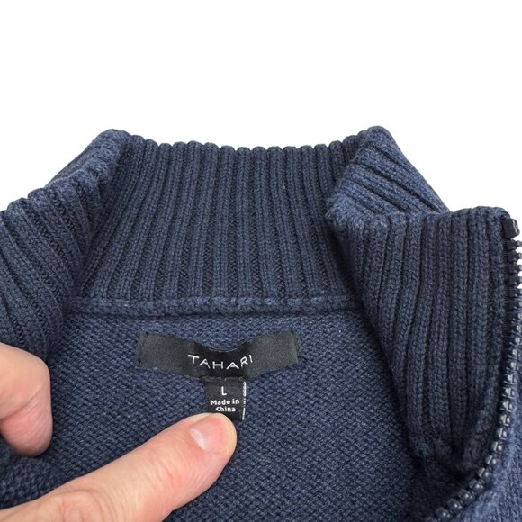 Tahari Men's Navy Blue 1/4 Zip Ribbed Striped Knit 100% Cotton Sweater, Size L - Picture 6 of 8